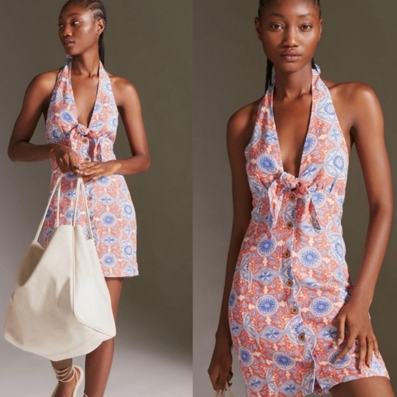 Anthropologie Maeve Linen Halter Mini Dress Colorful Size LP - Picture 12 of 12